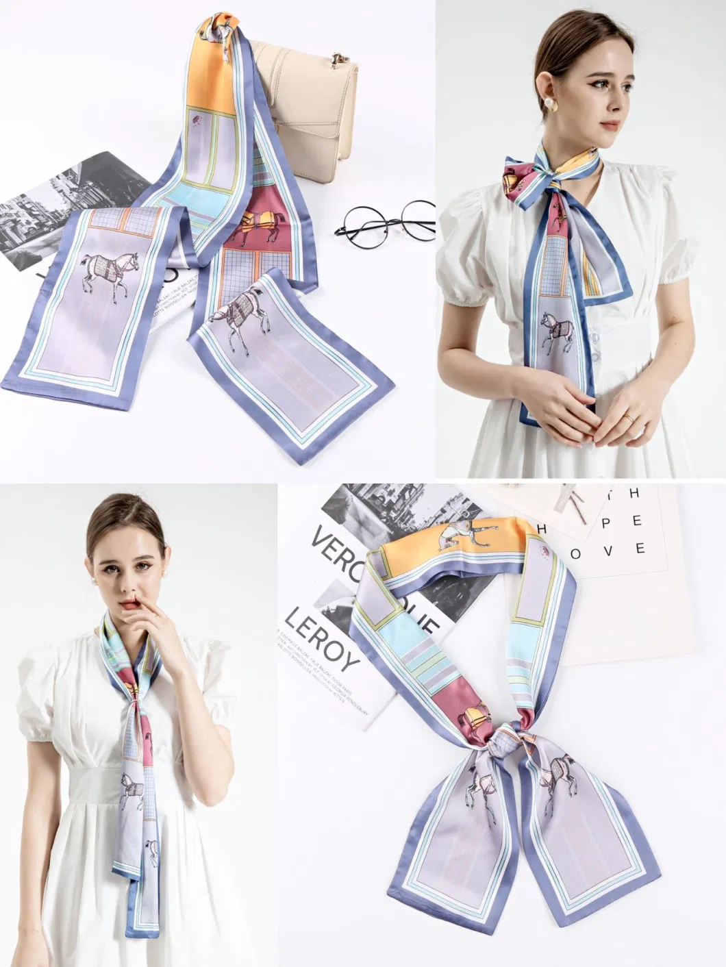 14X145cm Custom Multi Use Fashion Silk Satin Scarf Silk Hair Ribbon Hairband Bag Band